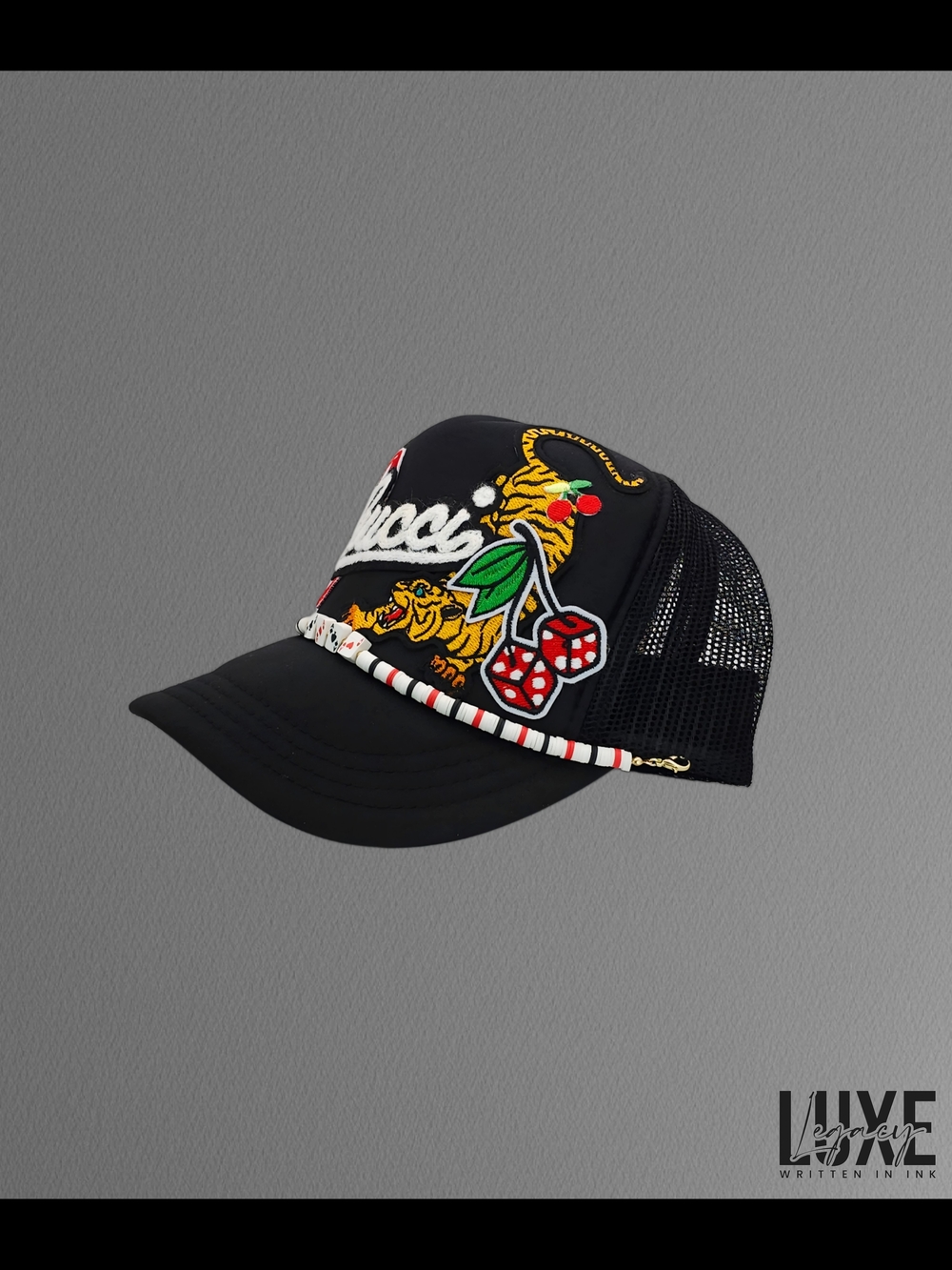 Custom Black Embroidered Kids OTTO Trucker Hat with Cherry and Tiger Patch
